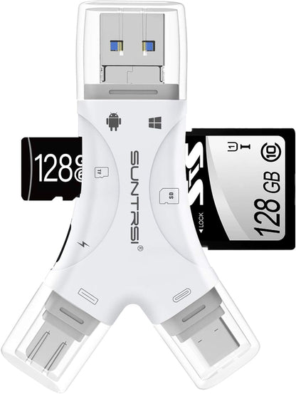 SD Card Reader for iPhone/ipad/Android/Mac/Computer/Camera,4 in1 Micro SD Card Reader Trail Camera Viewer, Portable Memory Card Reader SD Card Adapter for SD and TF Cards(White) (White)