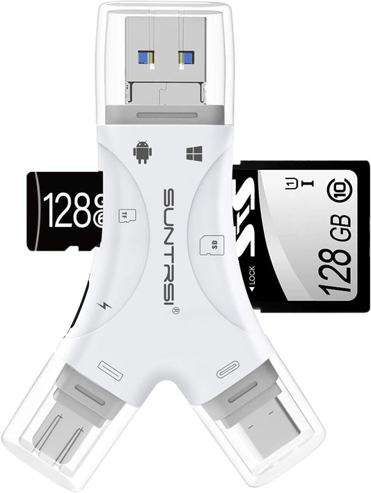 SD Card Reader for iPhone/ipad/Android/Mac/Computer/Camera,4 in1 Micro SD Card Reader Trail Camera Viewer, Portable Memory Card Reader SD Card Adapter for SD and TF Cards(White) (White)