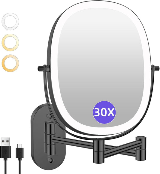 FUNTOUCH 5000mAh Rechargeable Wall Mounted Makeup Mirror, Double Sided Touch Switch 20X/1X Rectangle Wall Mounted Magnifying Mirror with Light, 3 Color Setting, Extended Arm 360°Swivel Foldable,Black