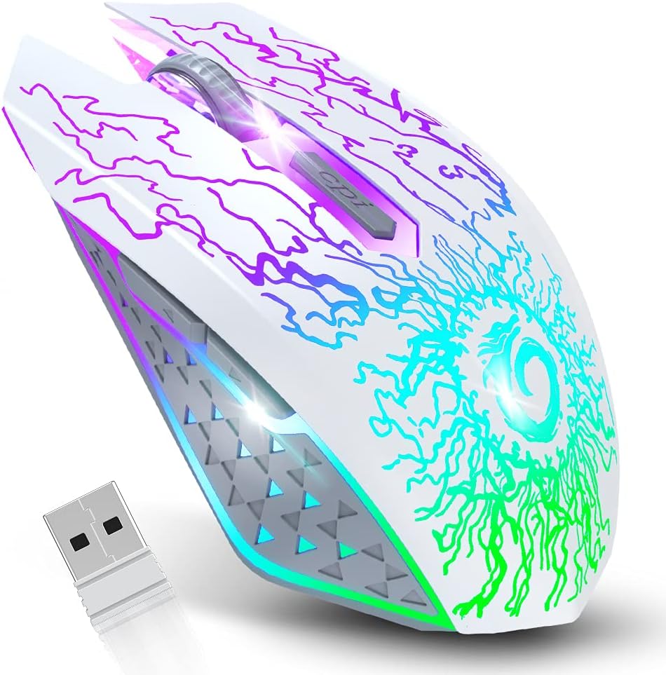 VersionTECH. Wireless Gaming Mouse Rechargeable Computer Mouse Mice Souris with Colorful LED Lights Silent Click 2.4G USB Nano Receiver 3 Level DPI for PC Gamer Laptop Desktop Chromebook Mac