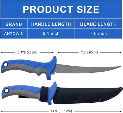 8 Inch Fishing Fillet Knife, Professional Level Knives for Filleting Fish and Boning Meat, Sharp Stainless-Steel Non-Stick Coating Blade, Non-Slip Handles, with 1 Two Stage Knife Sharpener