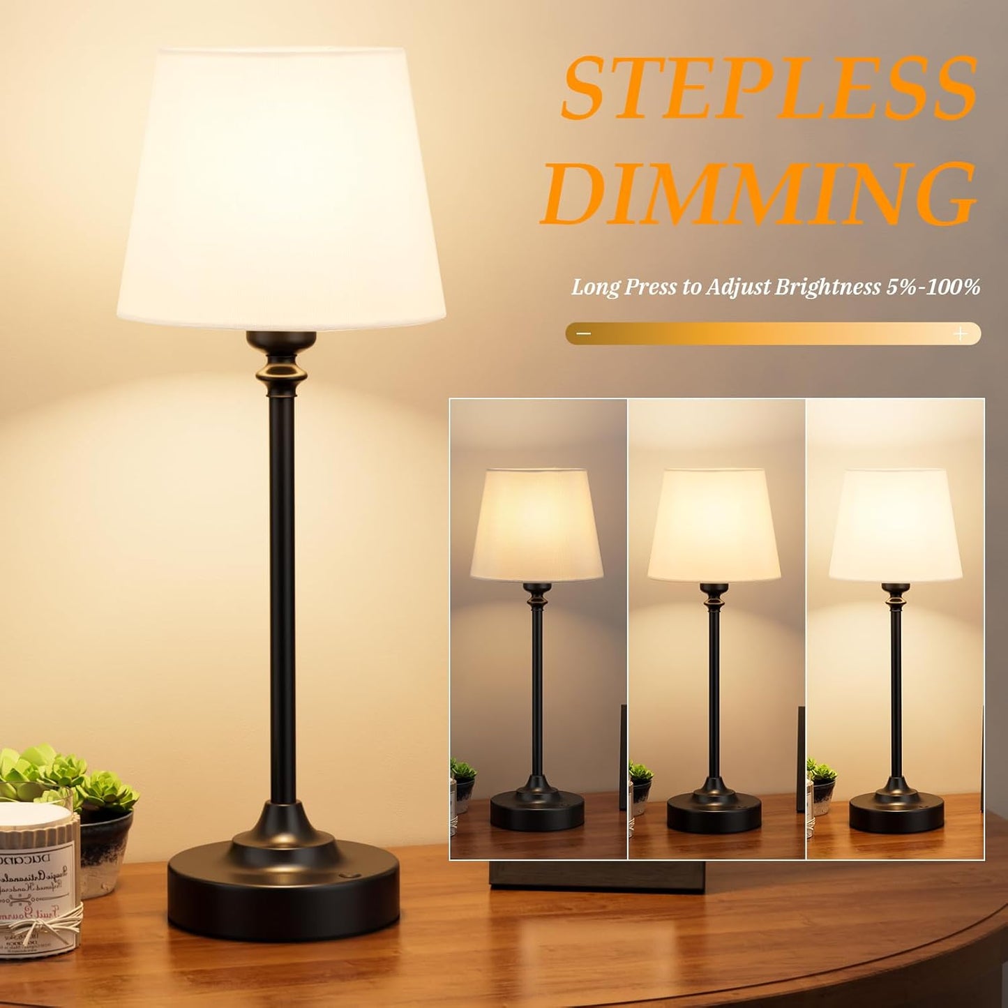 Rechargeable Cordless Table Lamp: 3000k Stepless Dimming, 1 Pack Brass 4000mAh Battery Operated Wireless Touch Lamp for Dining Table, Counter, Living Room, Bedroom