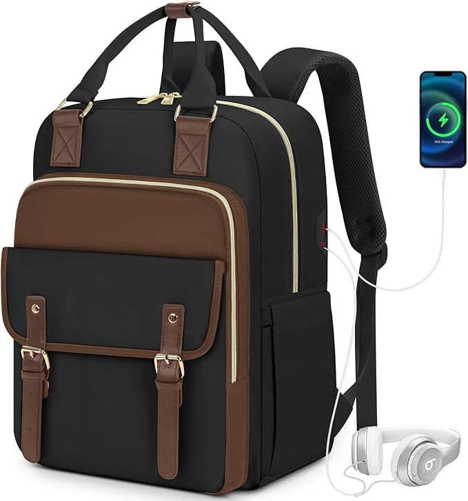 RAINSMORE Laptop Backpack 15.6 Inch for Women Large Travel Backpack with USB Charging Port Water Resistant