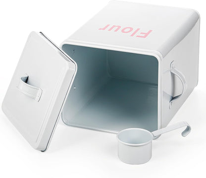 YOUEON 10 Lbs Metal Rice Storage Container, Square Rice Canister with Lid and Measuring Scoop, Countertop Sealed Food Storage Container for Cereal, Beans, Pet Food, White