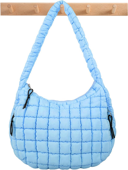 Quilted Puffer Tote Bag Large Crossbody Shoulder Bag with Zipper, Nylon Hobo Oversized Handbag