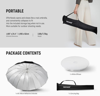 NEEWER 71"/180cm Parabolic Reflective Umbrella Photography with White Inner, Soft Lighting with Diffuser Cover, Bag, Quick Fold for Camera Photo Studio Video Light Shooting Monolight Flash, NS4U