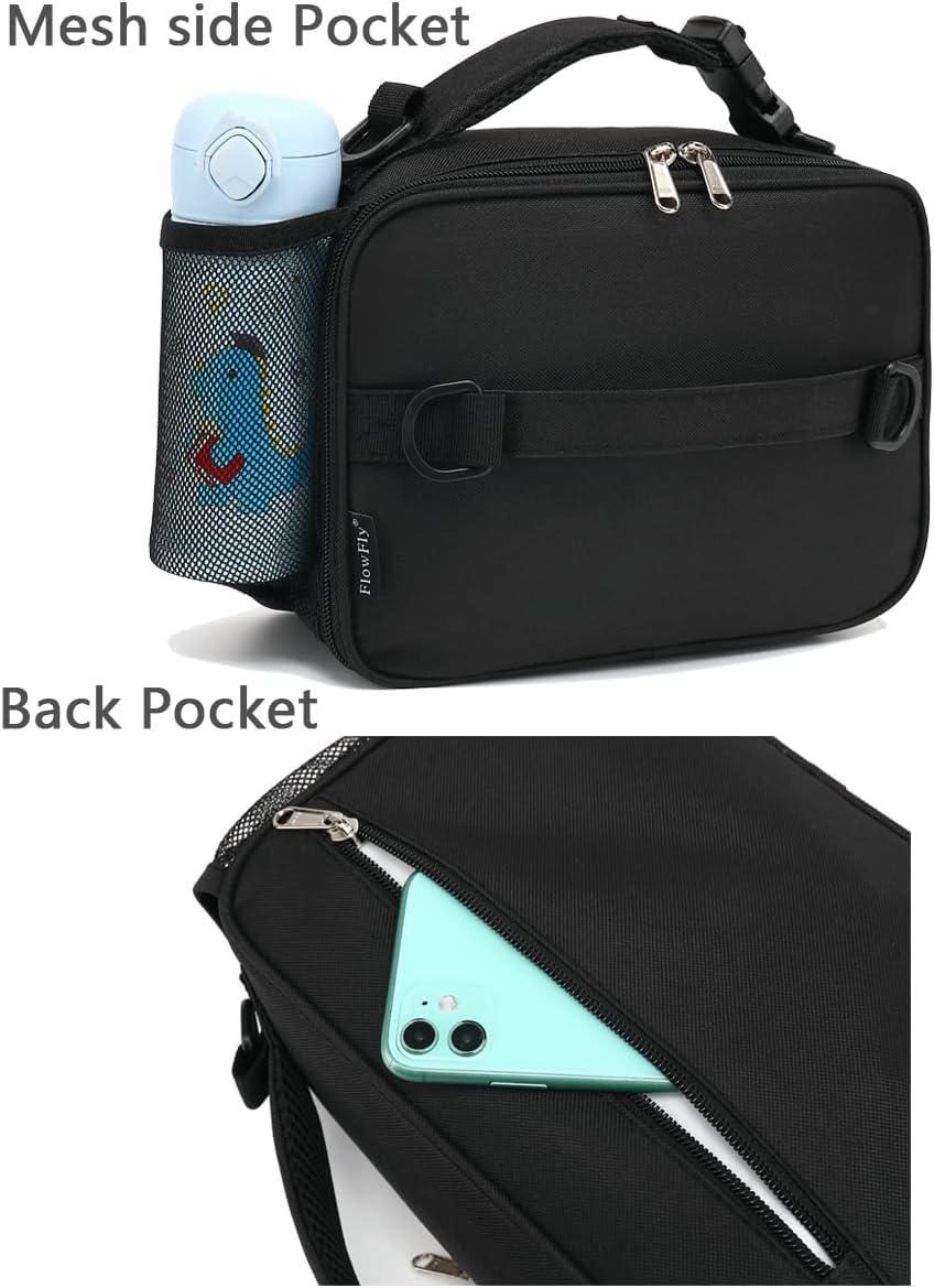 FlowFly Kids Lunch Box Insulated Soft Bag Mini Cooler Back to School Thermal Meal Tote Kit for Girls, Boys, Black