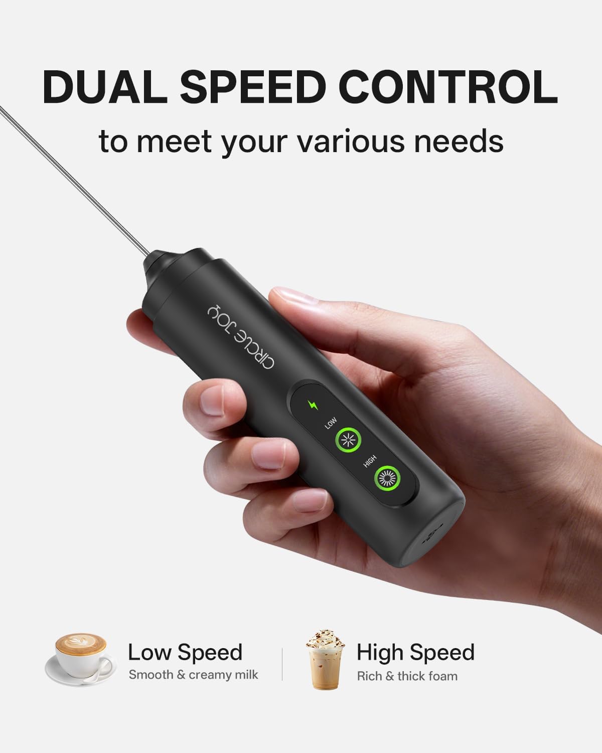 CIRCLE JOY Electric Milk Frother Handheld with Cover, Rechargeable 2 Speed Dual Coil Whisk Head Electric Coffee Frother, Portable Hand Frother Wand Drink Mixer for Matcha Lattes Cappuccino