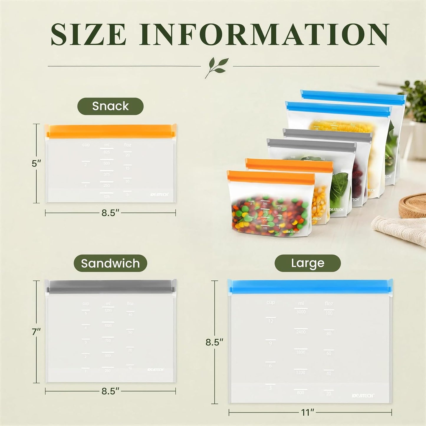 Dishwasher Safe Reusable Storage Bags Stand Up - BPA Free PEVE Reusable Sandwich Bags - Leakproof Gallon Freezer Bags, Silicone Food Storage Bags (20 Pack- 6Gallon+6Sandwich+8Snack)