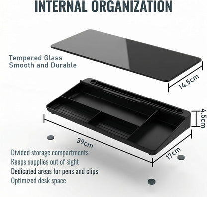 Ideal Swan Glass Desk Whiteboard with Storage, Black Desktop Whiteboard
