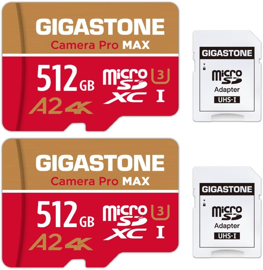 [5-Yrs Free Data Recovery] GIGASTONE 512GB Micro SD Card, 4K Camera Pro, A2 V30 for Smartphone, Gopro, Action Cams, 4K UHD Video Recording, R/W up to 150/120 MB/s, UHS-I U3 C10 Class 10 with Adapter