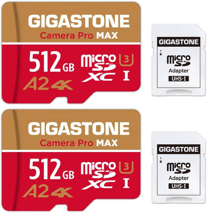 [5-Yrs Free Data Recovery] GIGASTONE 512GB Micro SD Card, 4K Camera Pro, A2 V30 for Smartphone, Gopro, Action Cams, 4K UHD Video Recording, R/W up to 150/120 MB/s, UHS-I U3 C10 Class 10 with Adapter
