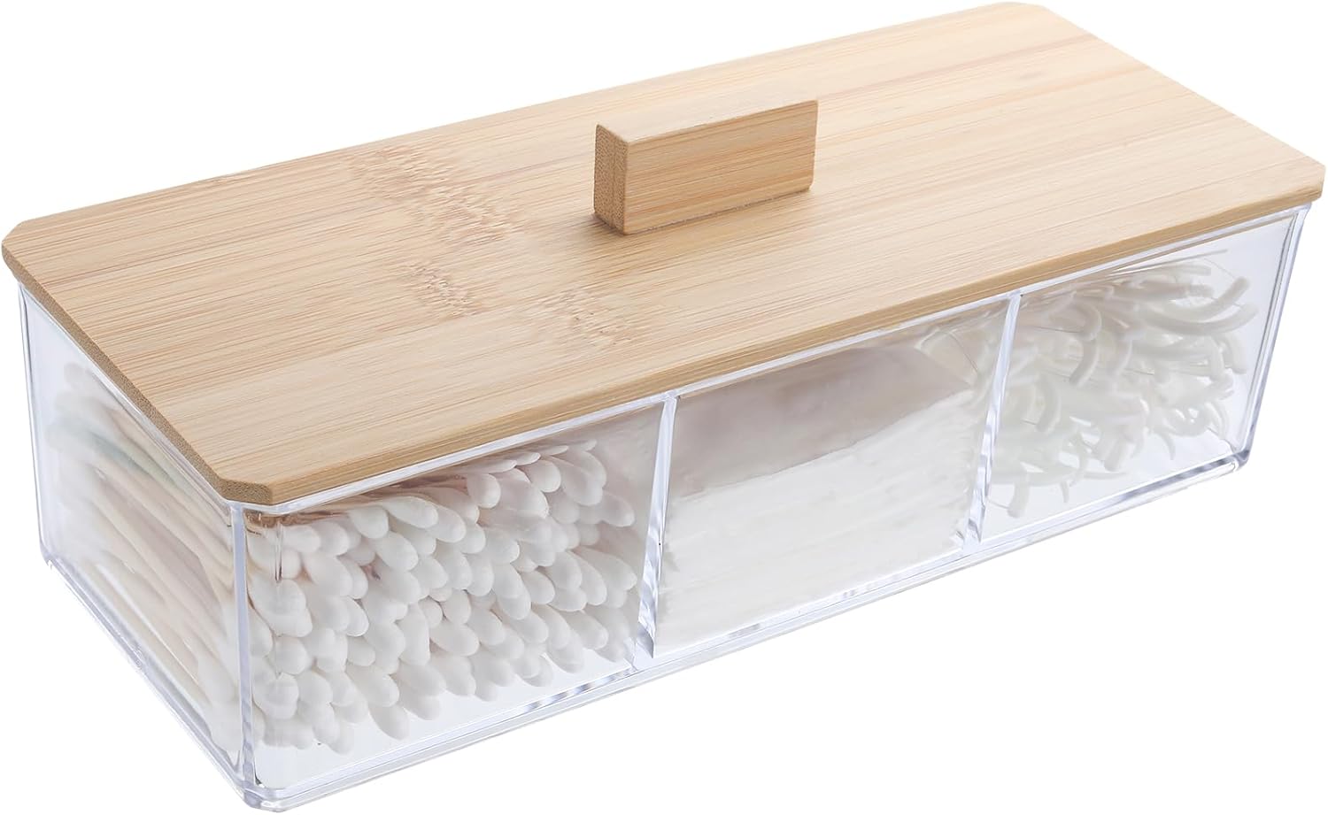 Clear Acrylic Cotton Swab and Ball Holder with Bamboo Lid, 3-Compartment Bathroom Organizer for Vanity, Makeup, and Countertop Storage - PuriLite
