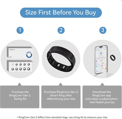 RingConn Gen 2 Smart Ring, No App Subscription, Size First with Sizing Kit, 12-Day Battery Life, Stress/Women's Health Tracker, Compatible with Android & iOS (Black, Size 8)