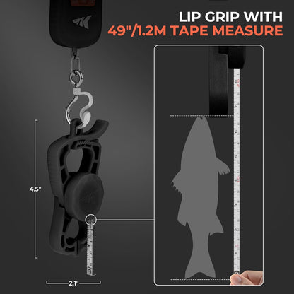 KastKing Fish Scale with Lip Gripper, ToughTide USB Charging Fishing Scale Built-in Measuring Tape, 65lb Capacity, Ultra-Thin Digital Fish Scale, LCD Display, Ergonomic Handle, Black Combo