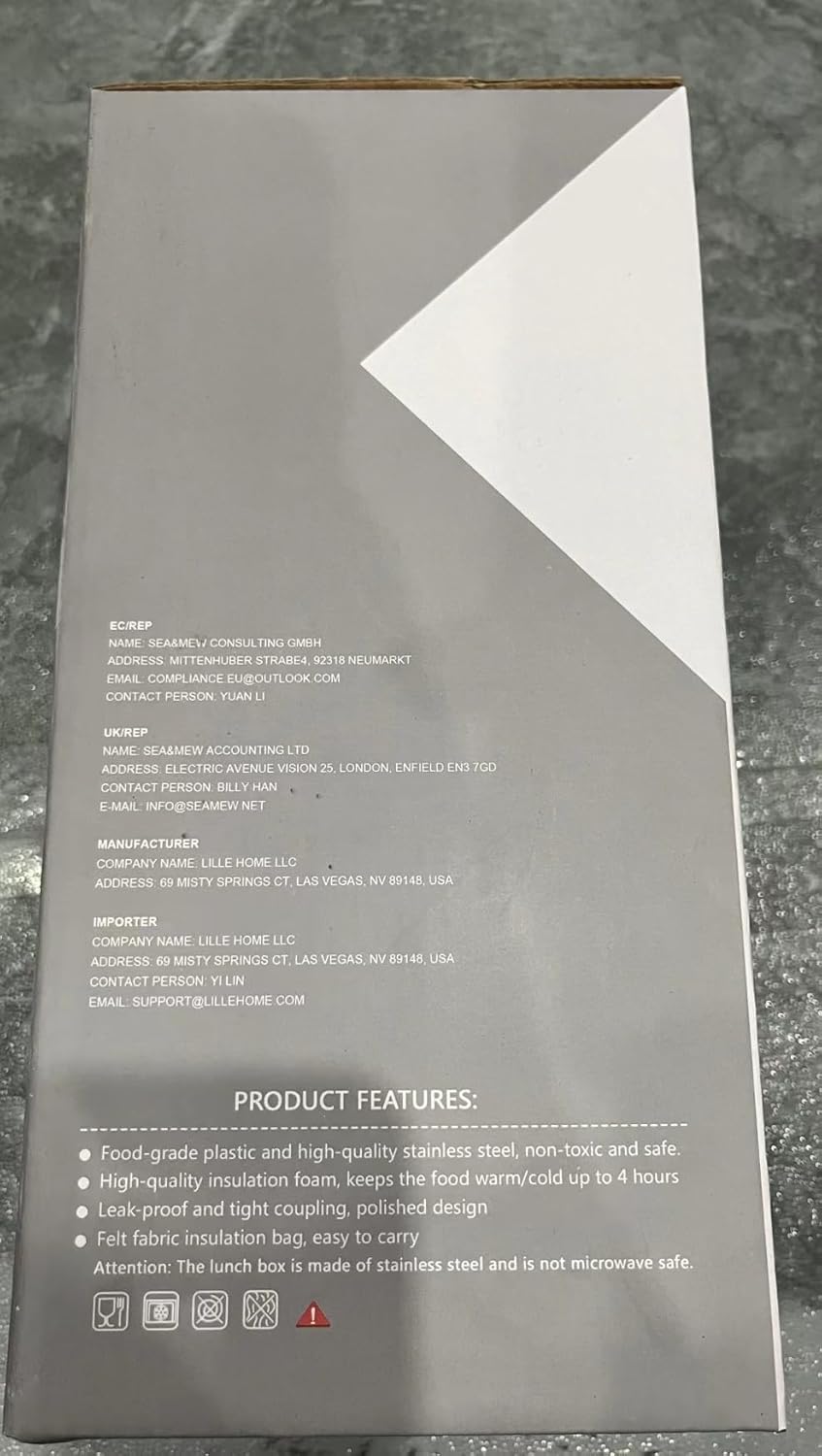 Lille Home Stackable Stainless Steel Thermal Compartment Lunch/Snack Box, 3-Tier Insulated Bento/Food Container with Lunch Bag, Cutlery Set and 3 Extra Seals, 43OZ (Gray)