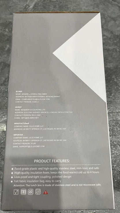 Lille Home Stackable Stainless Steel Thermal Compartment Lunch/Snack Box, 3-Tier Insulated Bento/Food Container with Lunch Bag, Cutlery Set and 3 Extra Seals, 43OZ (Gray)