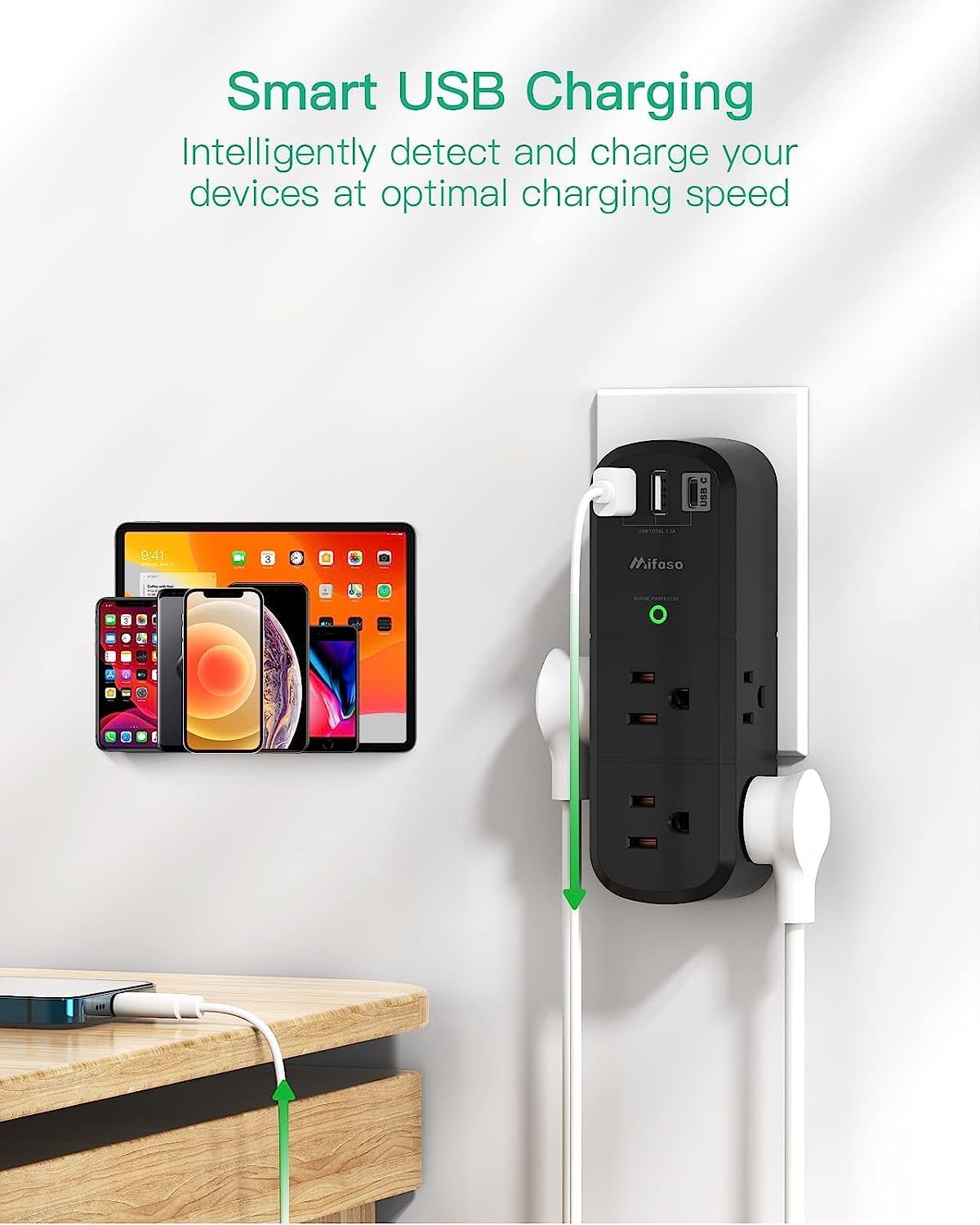 USB Outlet Extender Surge Protector with Rotating Plug, 6 AC Outlets and 3 USB Ports Including USB-C, 3-Sided Swivel Wall Power Splitter for Home, Office, and Travel, Black - PuriLite