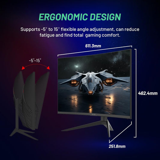 Skytech Gaming 27-inch Curved Gaming Monitor up to 180Hz, QHD 2K(2560 x 1440), 3.7ms Response Time, 1500R VA Panel, FreeSync & G-Sync Support, Swivel Tilt Height Pivot Adjustable, HDMI & DisplayPort - PuriLite
