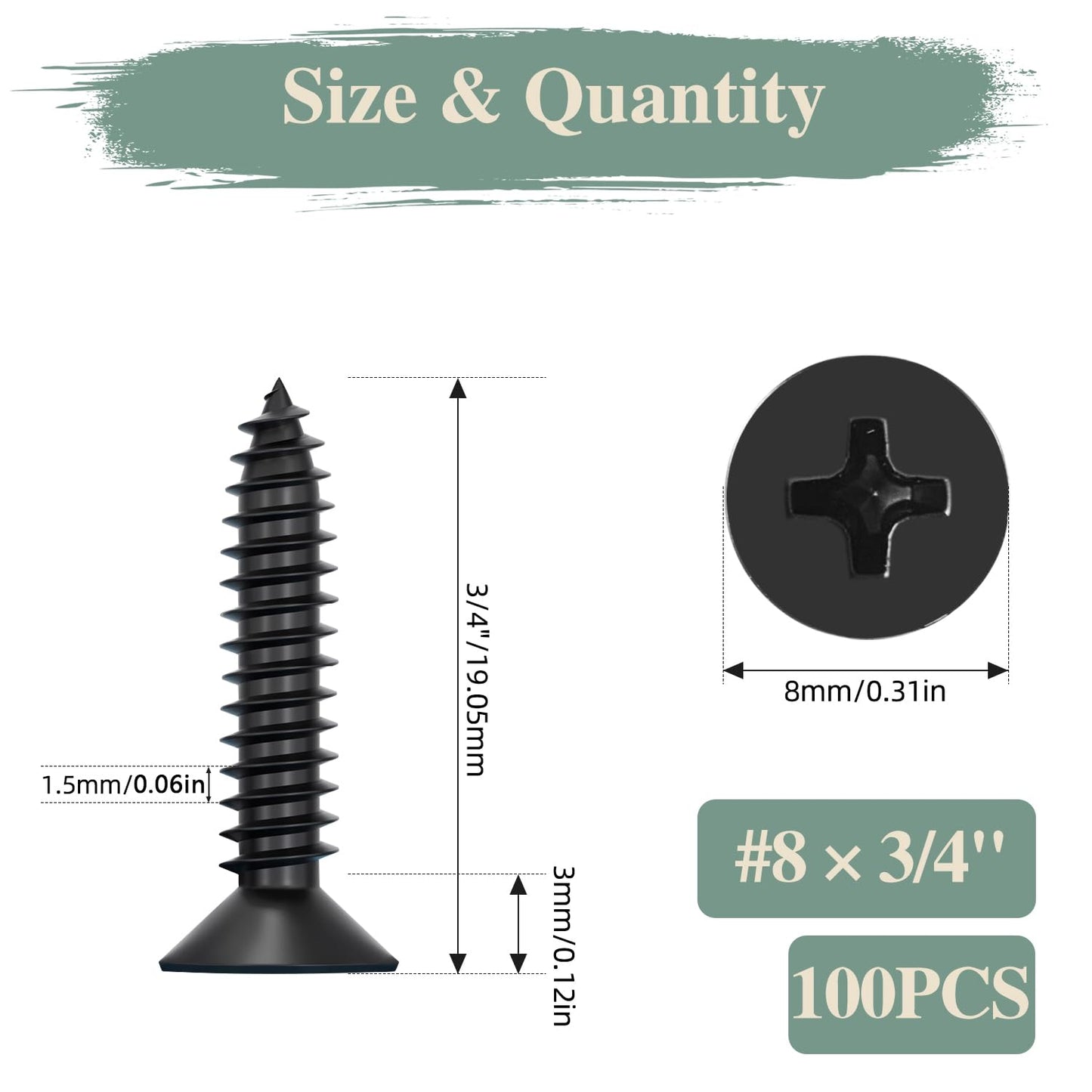 GOHODOMINO #4 x 1/2" Wood Screw 100Pcs, Stainless Steel 304 (18-8) Screws Flat Head Phillips Fast Self Tapping Drywall Screws Black Oxide