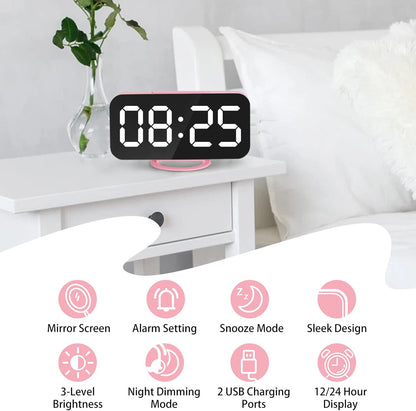 Digital Alarm Clock,Large LED Mirror Display, 2 USB Charging Ports，Auto Dim Mode，Modern Design Clock for Bedroom Office, White