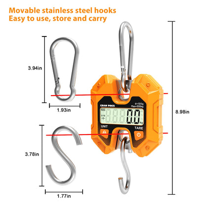GRAM PRES Digital Hanging Scale 660LB/300KG,Handheld Mini Crane Scale,Deer Hunting Scales,Digital Scale with Hooks for Farm，Fishing, Fish, Meat，Game,Luggage，Outdoor.