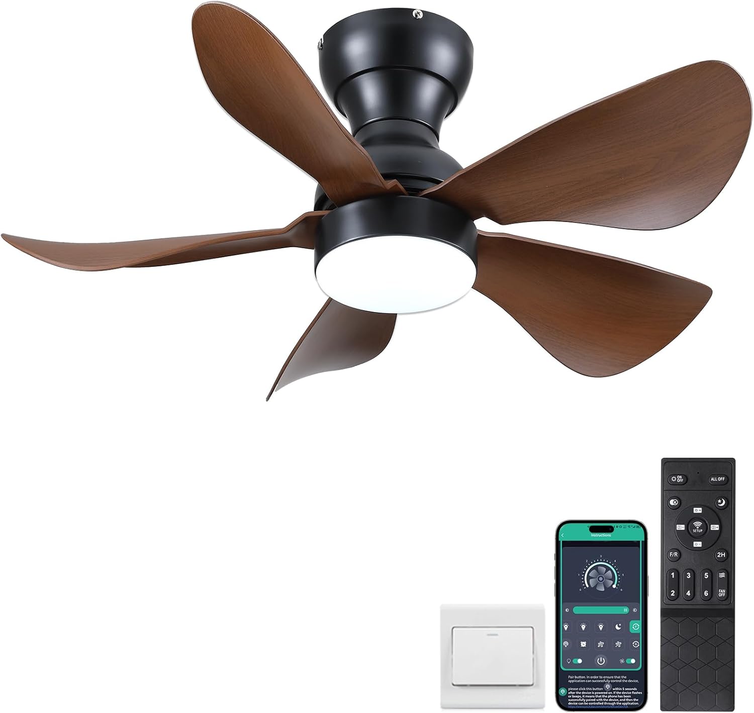 Modern Ceiling Fans with Lights Remote/APP Control, 29" Flush Mount Ceiling Fans with 3 CCT Dimmable Lights, Low Profile Ceiling Fans with 5 Propeller Blades LED Lights for Kids Room Bedroom, Brown - PuriLite