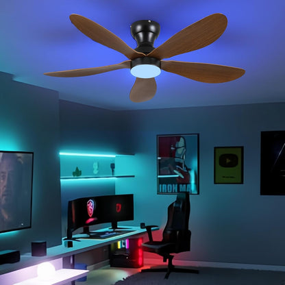 Modern Ceiling Fans with Lights Remote/APP Control, 29" Flush Mount Ceiling Fans with 3 CCT Dimmable Lights, Low Profile Ceiling Fans with 5 Propeller Blades LED Lights for Kids Room Bedroom, Brown - PuriLite