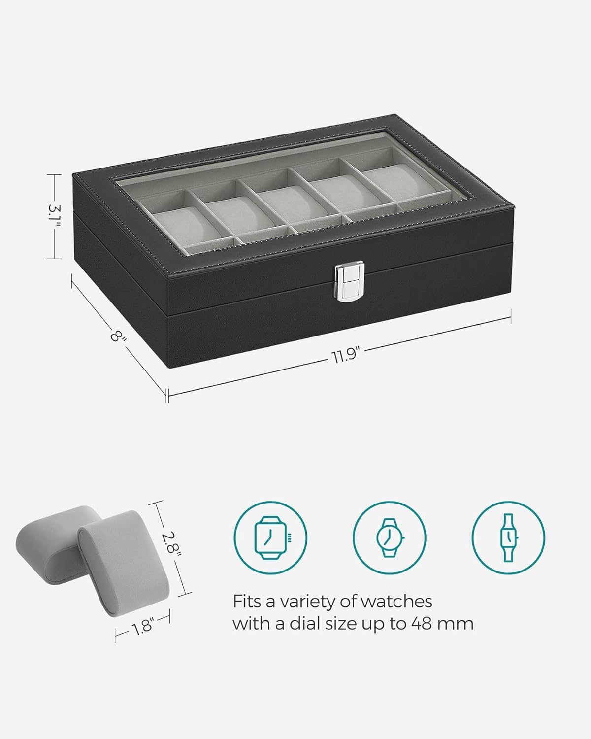 SONGMICS Watch Box, 6-Slot Watch Case, Watch Box Organizer, Black Synthetic Leather, Greenish Gray Lining UJWB06BK