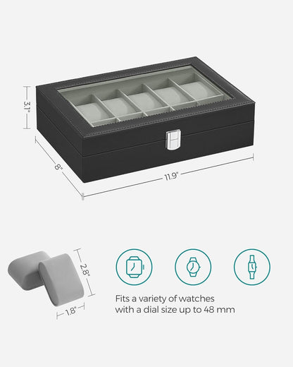 SONGMICS Watch Box, 6-Slot Watch Case, Watch Box Organizer, Black Synthetic Leather, Greenish Gray Lining UJWB06BK