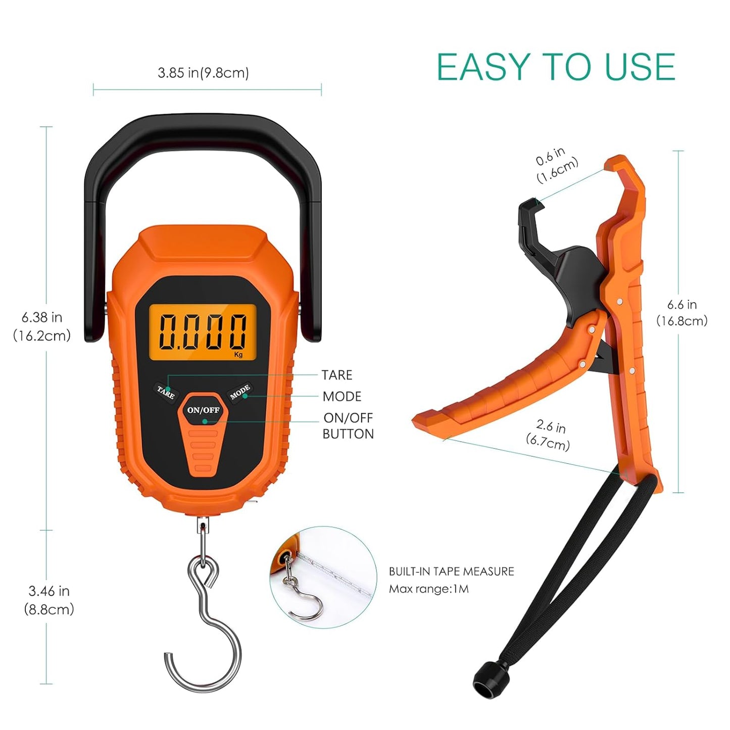 ORIA Digital Fish Scale With Ruler and Gripper, Baggage Weighing Scale, Backlit LCD Display, Portable for Outdoor Fishing (Green)