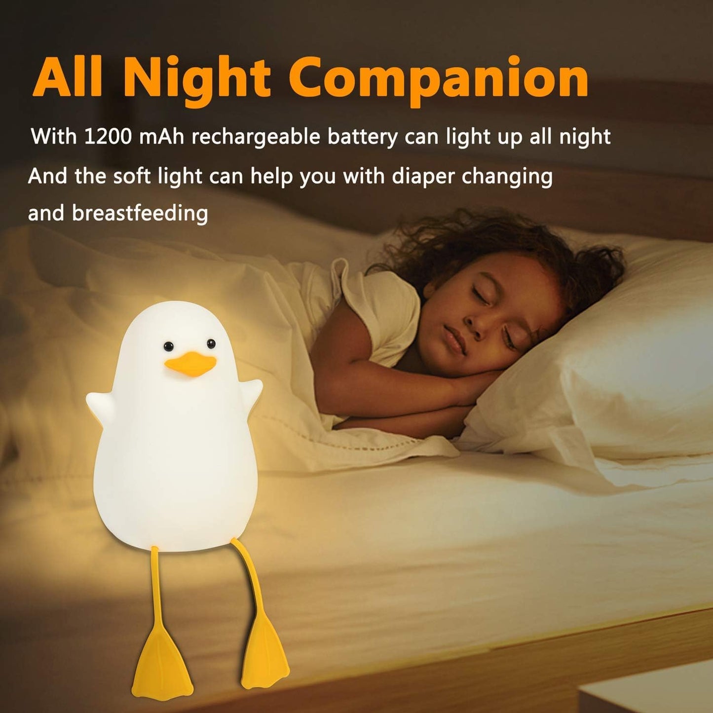 Cute Night Light for Kids, Duck Soft Silicone LED Touch Toddler Lamp with Timer, USB Rechargeable Dim Feeding Nightlight, Desk Bedside Bedroom Decor Birthday Gifts for Baby Children Women