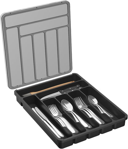 Silverware Organizer with Lid, 7-Compartment Covered Utensil Tray for Kitchen Drawers and Countertops, Plastic Cutlery and Flatware Storage Box, Black - PuriLite