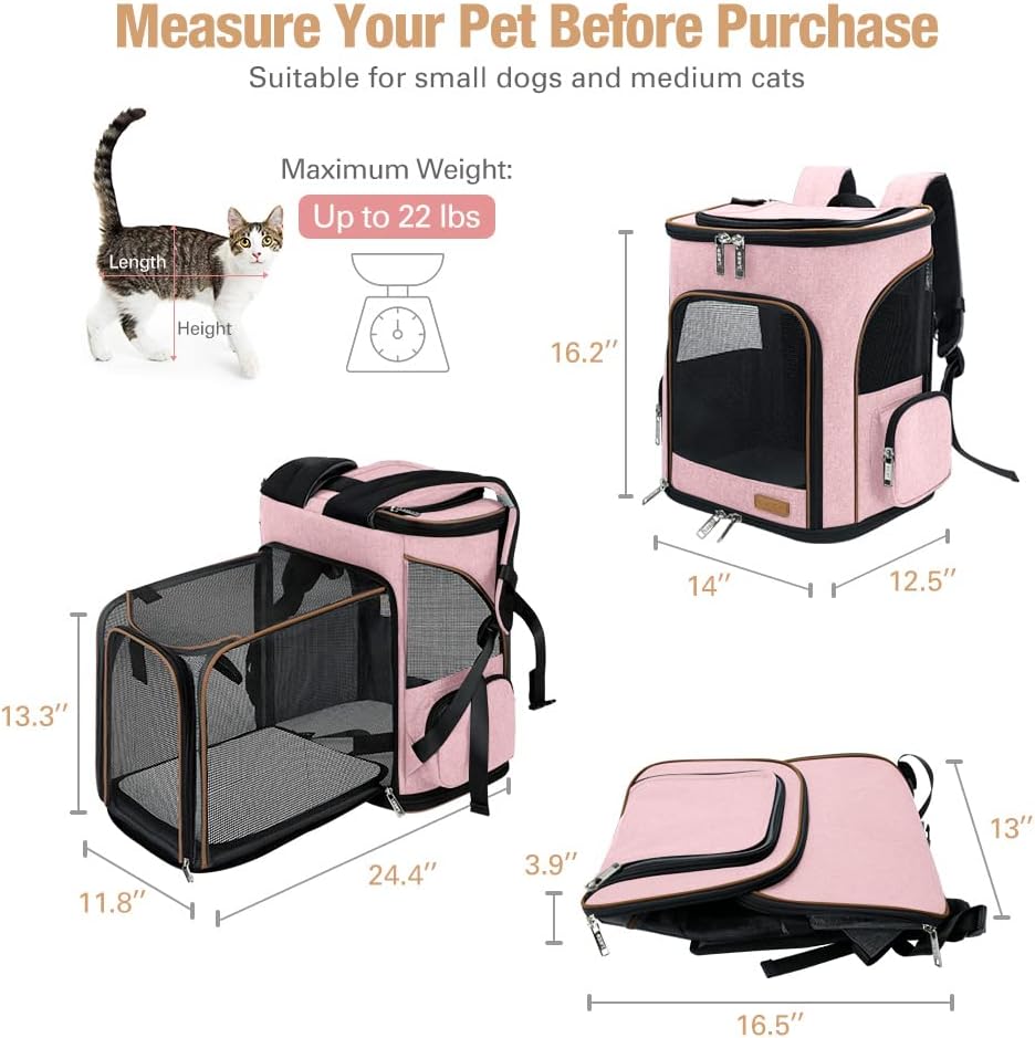 Lekesky Cat Backpack Expandable Dog Carrier Backpack Airline Approved Pet Backpack Carrier for Cats, Small Dogs, Puppies Under 13 Lbs, Grey