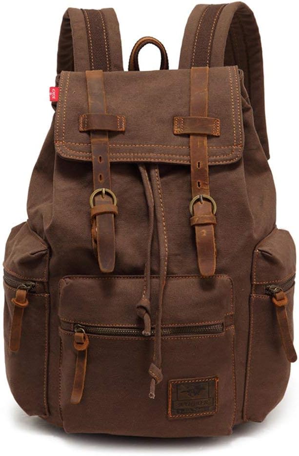 AUGUR Canvas Backpack,17 inch Laptop Backpack Vintage Canvas Leather Backpacks Casual School College Bag Pack Bookbag Hiking Travel Rucksack Daypack (L-Coffee)