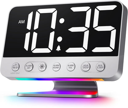 Odokee Digital Alarm Clocks for Bedrooms: Large Bold Number 5 Brightness Dimmer - Easy to Read Across The Room - 5 Alarm Sound 8 Night Light - Silver