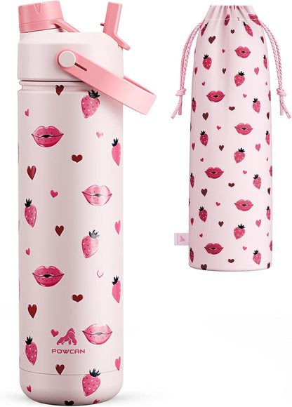 POWCAN 26 oz Insulated Water Bottle with 2-in-1 Straw and Spout Lid, Keep Cold 24H, Leak-Proof, Fits in Car Cup Holder, Stainless Steel Water Bottle for Sports, Travel, and School (Cotton Candy)