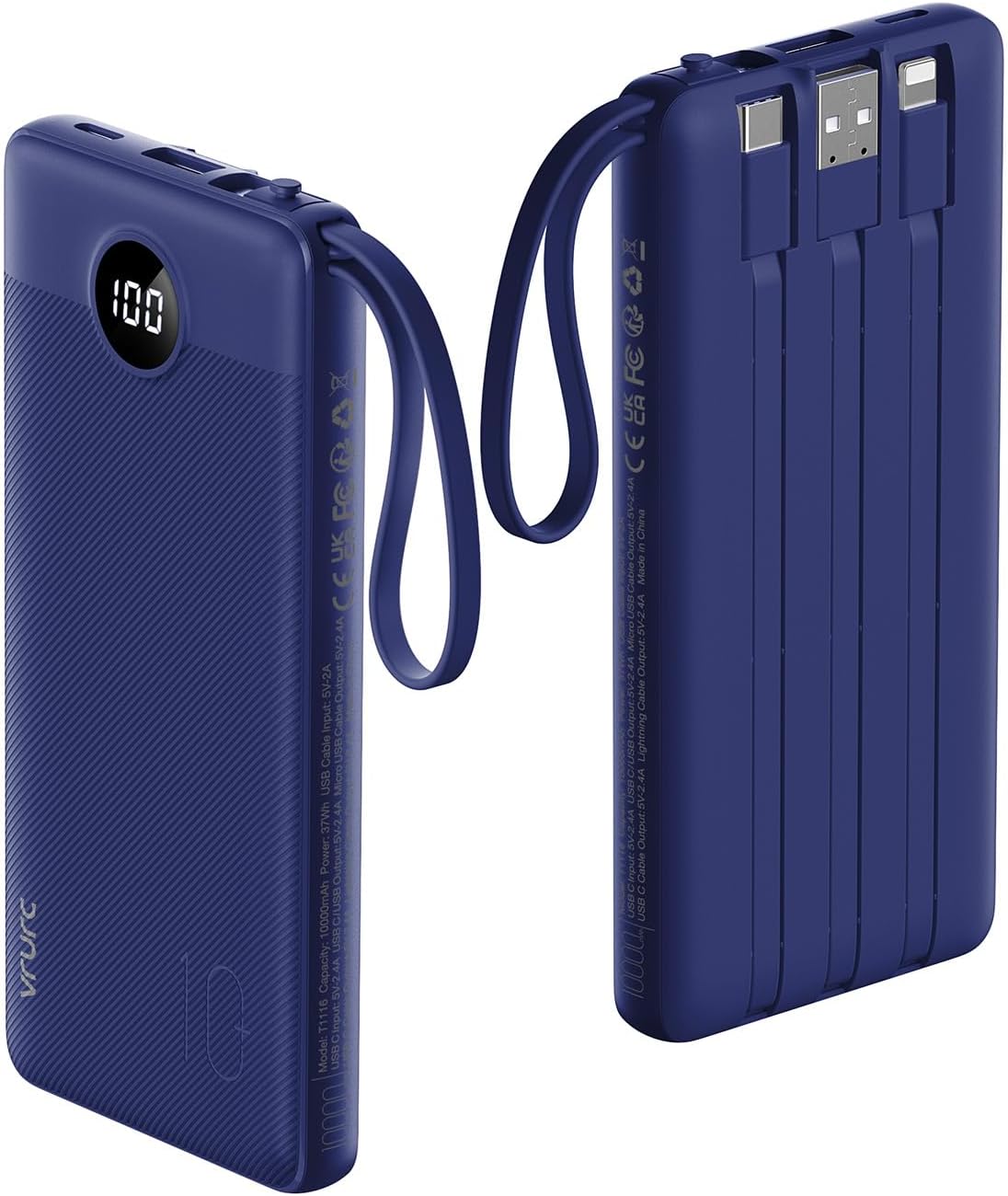 VRURC 10000mAh Power Bank Built-in Cables, Portable Charger with LED Display, Slim Intelligent Travel Battery Pack with Cords, 5 Output Dual Input Phone Charger for Cell Phone Smart Devcies-Blue