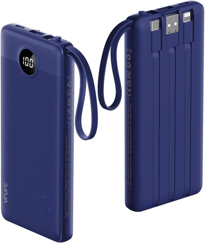 VRURC 10000mAh Power Bank Built-in Cables, Portable Charger with LED Display, Slim Intelligent Travel Battery Pack with Cords, 5 Output Dual Input Phone Charger for Cell Phone Smart Devcies-Blue