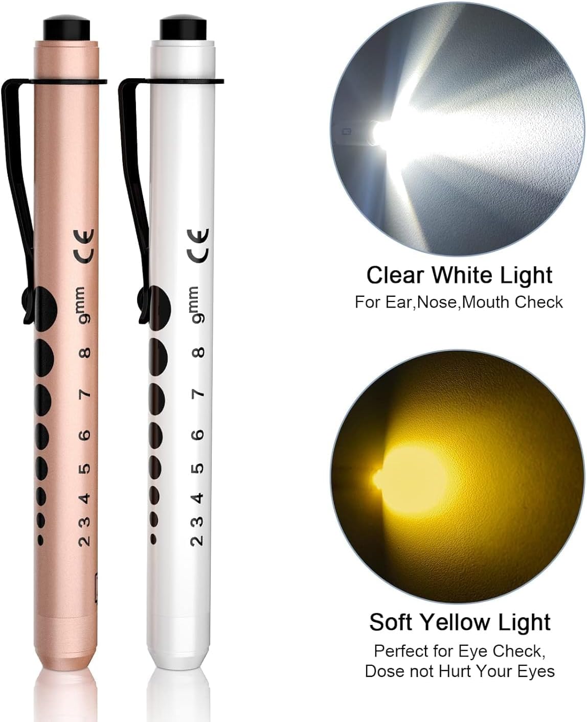 RISEMART Pen Lights for Nurses, 2 Pack Reusable Medical Light with Pupil Gauge and Ruler, White Light LED Penlight for Student Doctors EMT (Black/White)