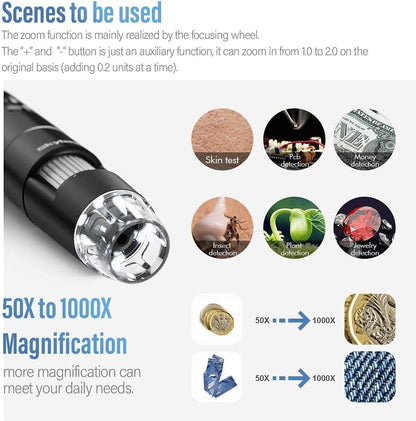 SKYBASIC Wireless Digital Microscope,50X-1000X Magnification WiFi Portable Handheld Microscopes with Adjustable Stand HD USB Microscope Camera Compatible with iPhone Android iPad Windows Mac Computer