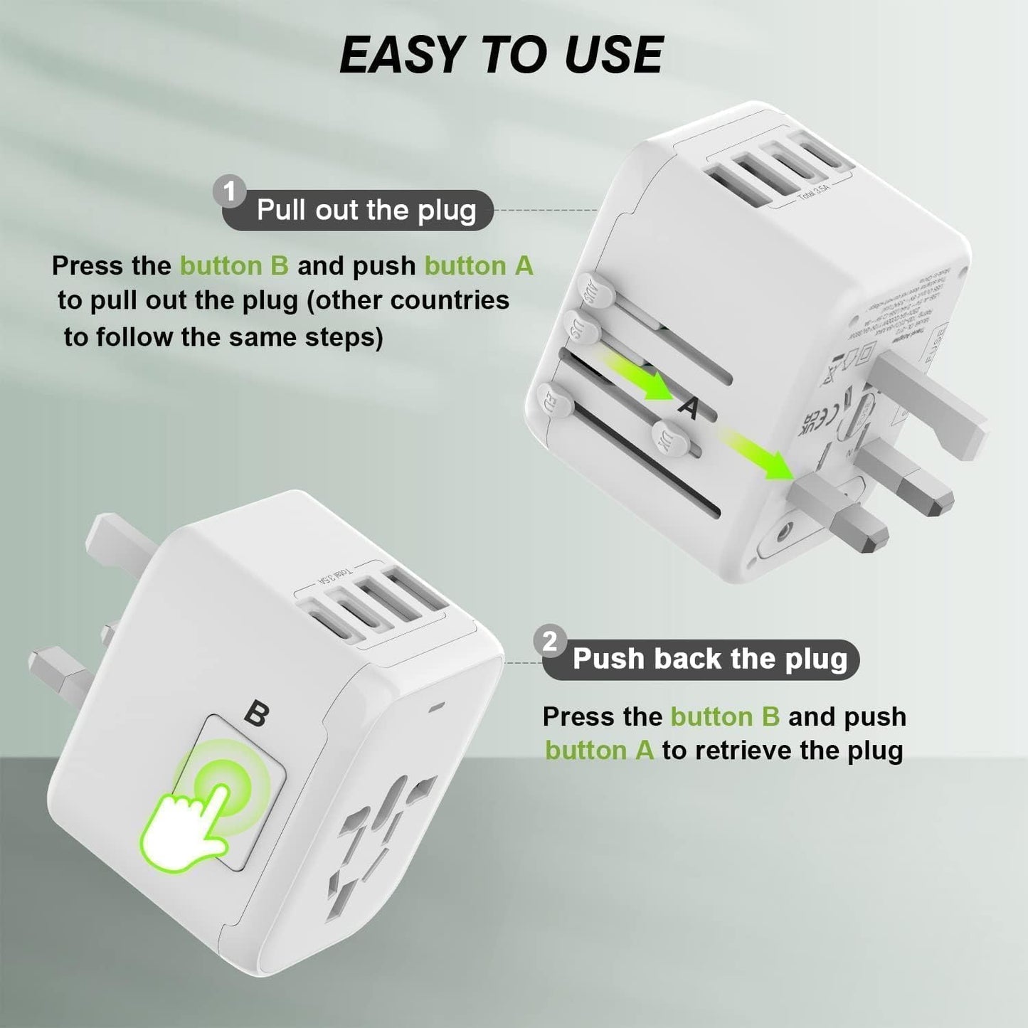 Universal International Power Travel Plug Adapter, 5 in 1 European Travel Plug Adapter W/ 3.5A 2xUSB-A and 2xUSB C Wall Charger and Worldwide AC Outlet for Europe USA UK AUS Asia (White)