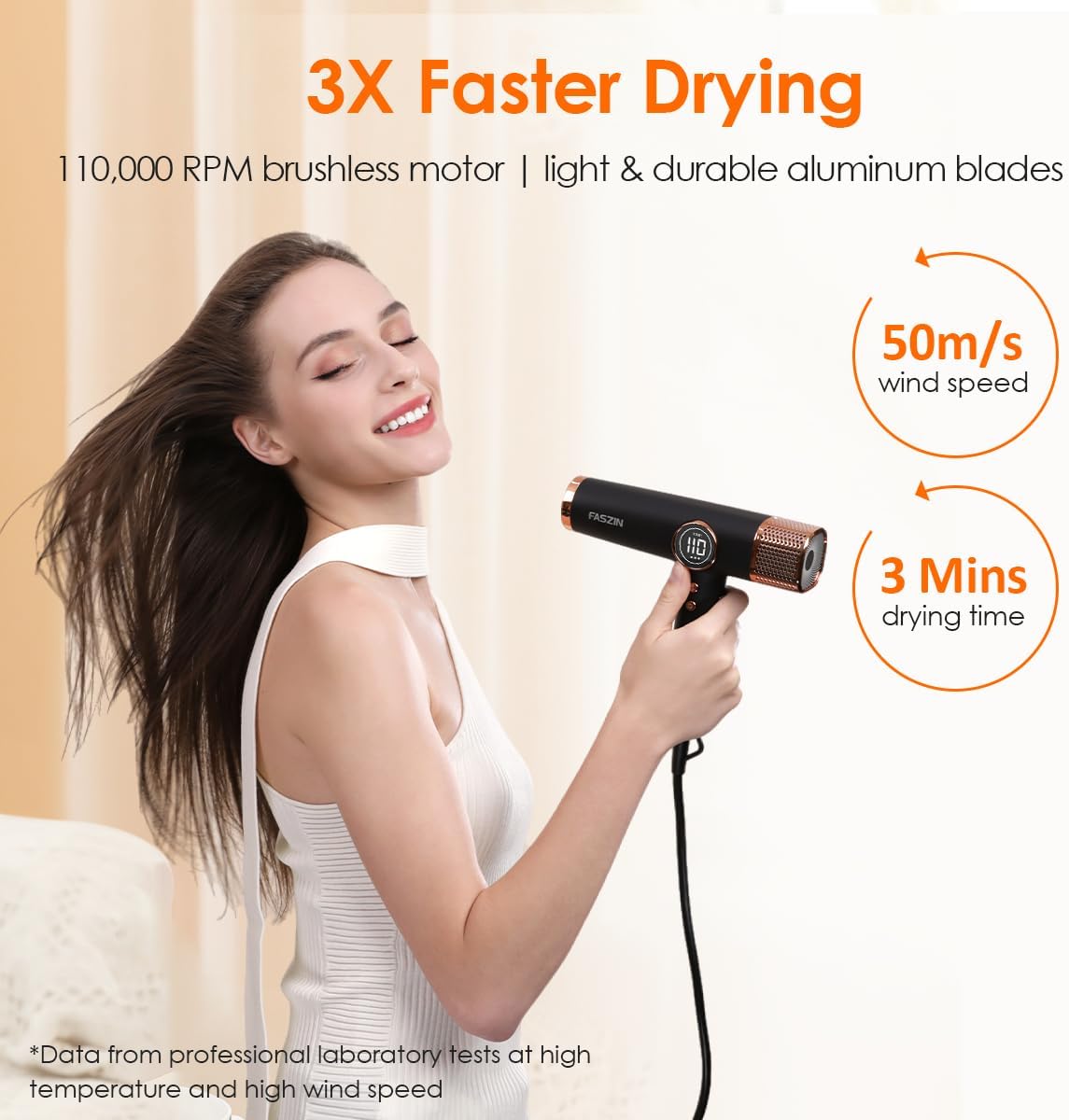 Faszin Hair Dryer, Lightweight Blow Dryer with 110,000 RPM High-Speed for Fast Drying, 200 Million Ionic Hairdryer with Auto-Clean, Low Noise, 3 Magnetic Nozzles for Travel, Salon, Home - Pink