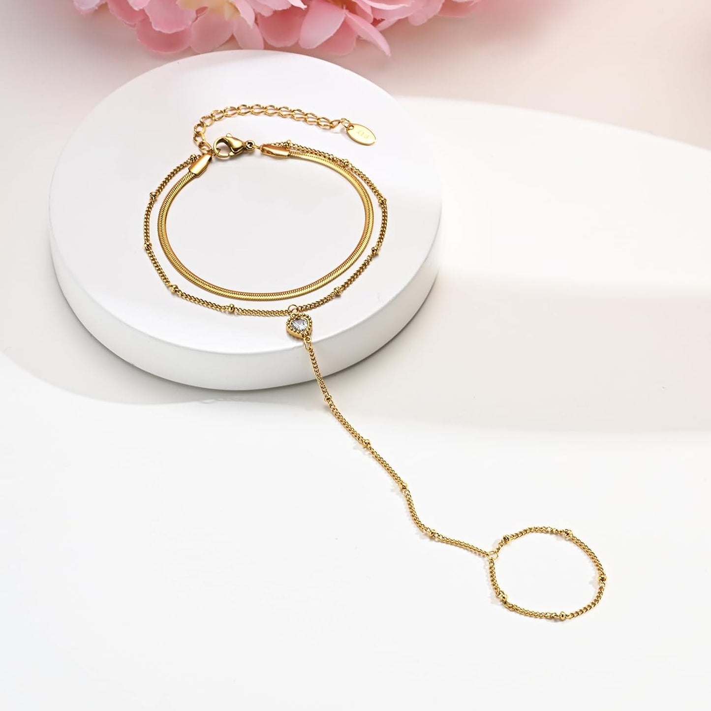 Hand Chain Ring Bracelet For Women, 14k Gold Plated Dainty Cubic Zirconia Minimalist Finger Ring Bracelet, Trendy Stuff Jewelry Gifts To Wife Girfriend Daughter Sister BBF, 17.5cm/7.5cm