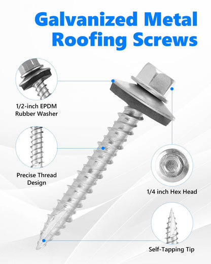 AOKLIT Hex Head Roofing Screws #10 × 1 Inch, 500Pcs Zinc Plated Self Tapping Metal Roof Screws with Rubber Washers for Metal and Corrugated Roofing Panels (Hex Socket Included)
