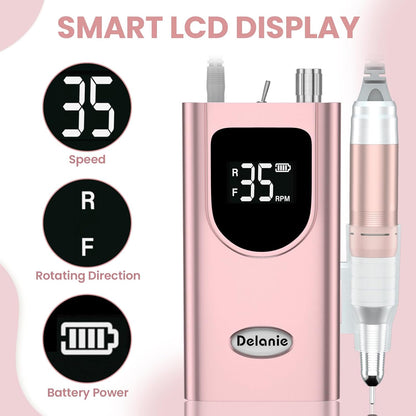 Delanie Professional Nail Drill High Torque 35000 RPM Rechargeable Portable Electric Nail File for Acrylic & Gel, High Speed, Low Heat, Low Vibration, Rose Gold