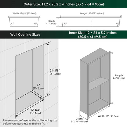 BLYLUND Shower Niche 12" x 24" NO Tile Needed,Matte Black Double Shelf Organizer, Square Corners Wall-Inserted Niche Recessed Shower Shelf Modern Soap Niche for Bathroom