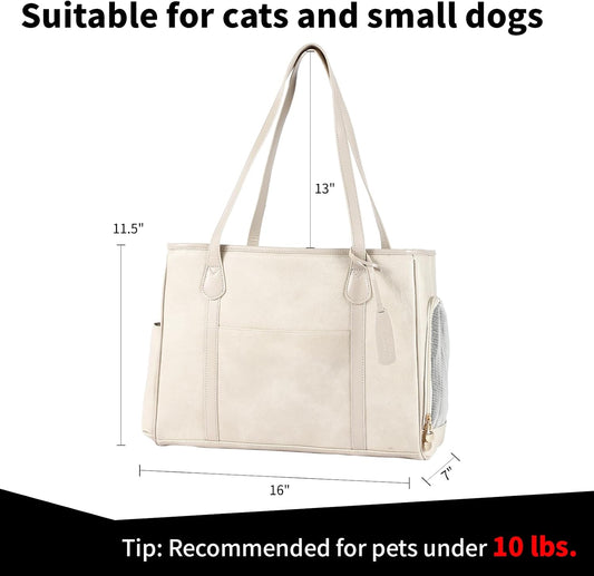 Monanller Stylish Dog Purse Carrier, Leather Pet Carrier Bag for Small Dogs Cats Puppy, Airline Approved Soft-Sided Carrier Beige - PuriLite