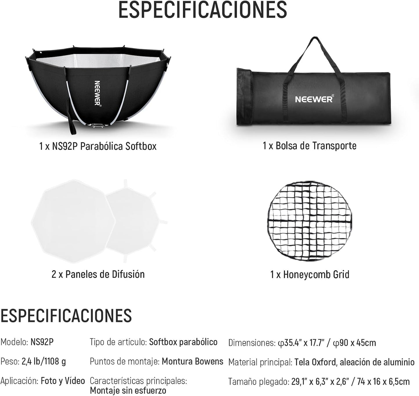 NEEWER 35.4'' Octagonal Softbox, Quick Release Parabolic Soft Box with Bowens Mount, Diffusers, Grid, Bag Compatible with Aputure 120d Compatible with Godox SL60w NEEWER Q4 AS600B CB300B Q300, NS92P
