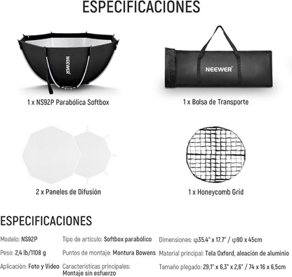 NEEWER 35.4'' Octagonal Softbox, Quick Release Parabolic Soft Box with Bowens Mount, Diffusers, Grid, Bag Compatible with Aputure 120d Compatible with Godox SL60w NEEWER Q4 AS600B CB300B Q300, NS92P